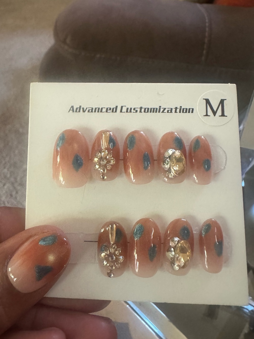 Peach Gem Accent Press-On Nails with Teal Dots (Short Oval)